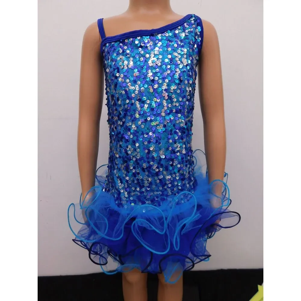 Pre-Owned Dance Costume Curtain Call E1062 XL Child Blue Jazz Sequin